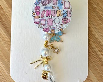 Groovy Nurse Collage Badge Reel, Green, Gingham, Alligator Swivel Clip, Charms
