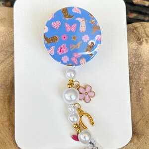 Blue Western-Style Badge Reel, Butterflies, Cowboy Boots, Cowgirl Hat, Alligator Swivel Clip, Charms, Jewelry