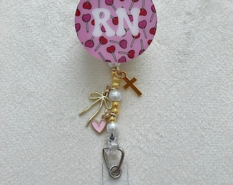 Heart Lollipops Badge Reel, Valentine's Day, Custom Job Title, Customizable, Alligator Swivel Clip, Charms