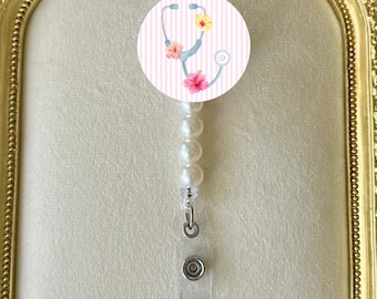 Hibiscus Stethoscope Badge Reel: Coastal Nurse Alligator Clip - Customizable Charms