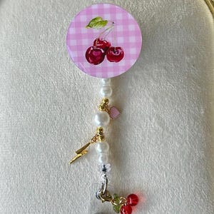Cherries and Pink Gingham Badge Reel, Fruit, Girly, Customizable, Alligator Swivel Clip, Charms