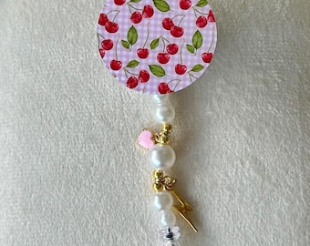 Cherries and Pink Checkers Badge Reel, Fruit, Girly, Customizable, Alligator Swivel Clip, Charms