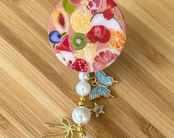 Fruit Collage Badge Reel, Strawberries, Coconut, Cherries, Kiwi, Alligator Swivel Clip, Charms