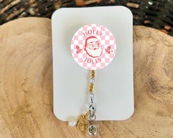 Holly Jolly Badge Reel, Pink Checkered Pattern, Christmas, Alligator Swivel Clip, Charms