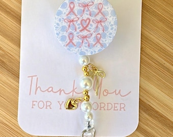 Breast Cancer Awareness Badge Reel, Pink Bows, Alligator Swivel Clip, Charms