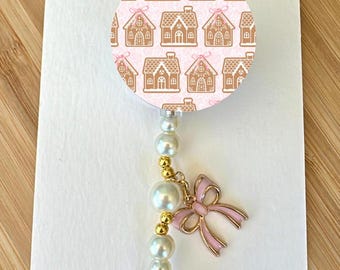 Coquette Gingerbread House Badge Reel, Pink Bows, Christmas, Alligator Swivel Clip, Charms
