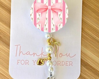 Pink Bow and Tulip Stripes Badge Reel, LoveShackFancy Inspired, Alligator Swivel Clip, Charms