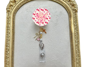 Cherub and Cherries Badge Reel, Valentine's Day, Customizable, Alligator Swivel Clip, Charms