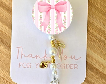 Pink Bow and Roses Badge Reel, LoveShackFancy Inspired, Alligator Swivel Clip, Charms