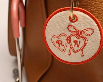 Personalized Heart Locket Bag Charm, Custom Initial Keychain, Embroidered RN Gift, Healthcare Accessory