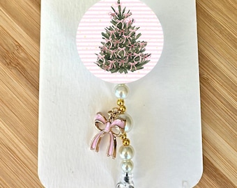 Coquette Christmas Tree Badge Reel, Pink Bows, Stripes, Christmas, Alligator Swivel Clip, Charms