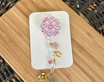 Pink Gingham Smiley Face Badge Reel, Alligator Swivel Clip, Charms, Jewelry, Customizable