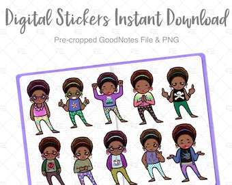 Puede incluir: Un conjunto de 10 pegatinas digitales con ilustraciones de dibujos animados de chicas negras con diferentes peinados, atuendos y expresiones. Las pegatinas están precortadas para usar en la aplicación GoodNotes y también están disponibles como archivos PNG.