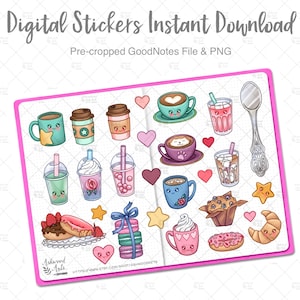 Kawaii Cute Coffee Doodles |  Digital Planner Stickers | GoodNotes Stickers | iPad Planner Stickers | PNG Stickers
