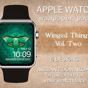 May include: Apple Watch wallpaper pack, "Winged Things Vol. Two", featuring six designs with a green and black moth on a green background with a decorative pattern. The watch face displays the time, day, and moon phase.