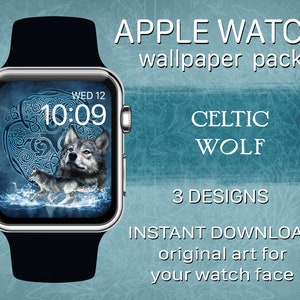 May include: A digital watch face design featuring a Celtic knot pattern and two wolves in a blue and white water scene. The text "WED 12" and "10:09" are displayed on the watch face. The text "APPLE WATCH wallpaper pack CELTIC WOLF 3 DESIGNS INSTANT DOWNLOAD original art for your watch face" is displayed below the watch.