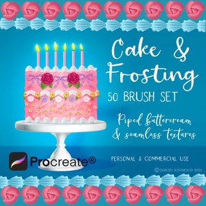 Könnte beinhalten: Ein Set mit 50 Procreate-Pinseln für digitale Kunst, mit einem rosa und weißen Kuchen mit Buttercreme-Frosting, Kerzen und Blumen. Der Text "Cake & Frosting 50 Brush Set" wird über dem Kuchen angezeigt, und der Text "Piped buttercream & seamless textures" wird unter dem Kuchen angezeigt. Der Text "PERSONAL & COMMERCIAL USE" wird unter dem Kuchen angezeigt. Der Text "BRIGID ASHWOOD 2021" wird unter dem Text "PERSONAL & COMMERCIAL USE" angezeigt.
