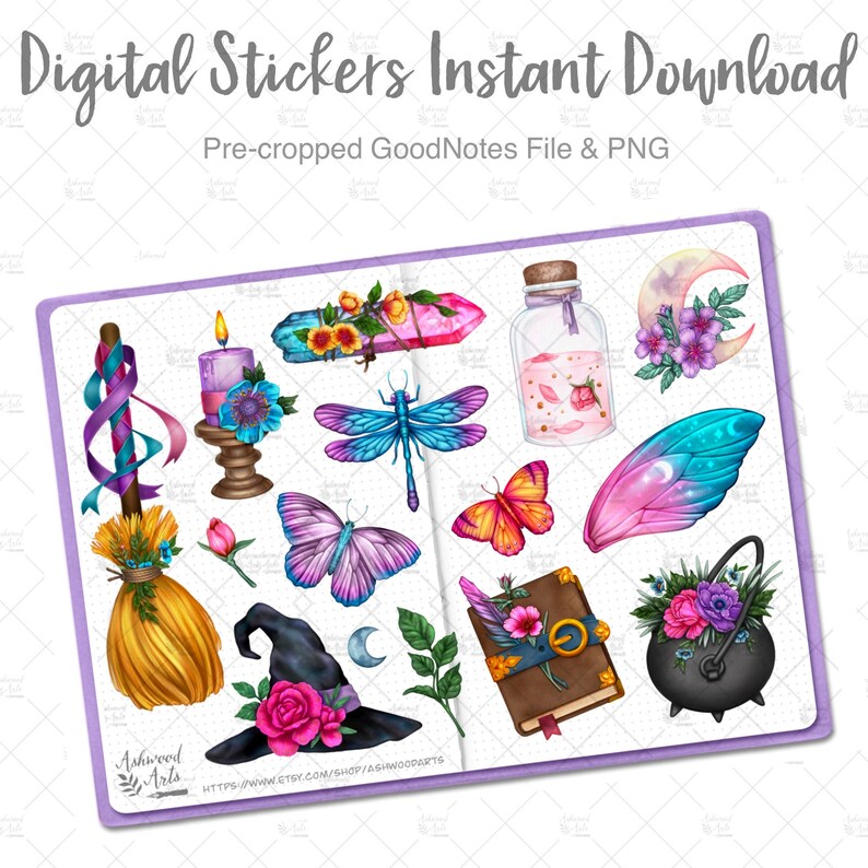 Puede incluir: Un conjunto de pegatinas digitales con un tema de brujer&iacute;a caprichoso. Las pegatinas incluyen una escoba, un sombrero de bruja, un caldero, una lib&eacute;lula, una mariposa, un cristal, una botella, una luna, un libro y flores. Las pegatinas est&aacute;n precortadas para su uso en GoodNotes y est&aacute;n disponibles como archivos PNG.
