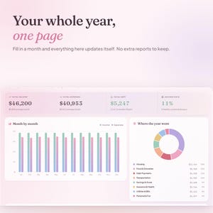 May include: A digital financial dashboard interface with a soft pink gradient background. Text reads: Your whole year, one page. Fill in a month and everything here updates itself. No extra reports to keep. Includes bar charts and a pie chart.