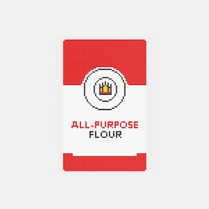 May include: Pixelated image of a flour bag with a red top and bottom. The bag is white with a circular design in the centre, featuring a crown. The words "ALL-PURPOSE FLOUR" are printed in red.