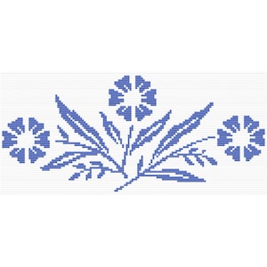 May include: A blue and white cross-stitch floral design featuring three stylized flowers and leafy sprigs. The design is symmetrical, with a central flower and two flanking flowers, all in a detailed, pixelated style. The background is white.