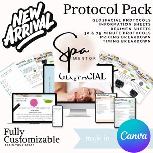 Puede incluir: Un kit de marketing digital para spas y esteticistas. El kit incluye protocolos imprimibles, hojas de información y hojas de régimen para un tratamiento Glo2Facial. El kit es totalmente personalizable y se puede utilizar para capacitar al personal. La imagen también incluye el texto "Nueva llegada" y "Hecho en Canva".