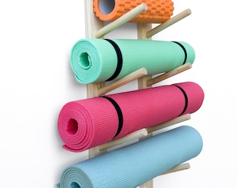 Wooden yoga mat hooks, 6.5 in pine, wall mount wooden yoga mat holder, yoga mat storage, pilates mat rack, wood hook, fitness room, storage