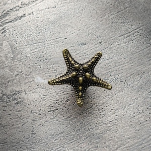 May include: A gold-colored starfish ornament with a textured surface. The starfish is on a gray background.