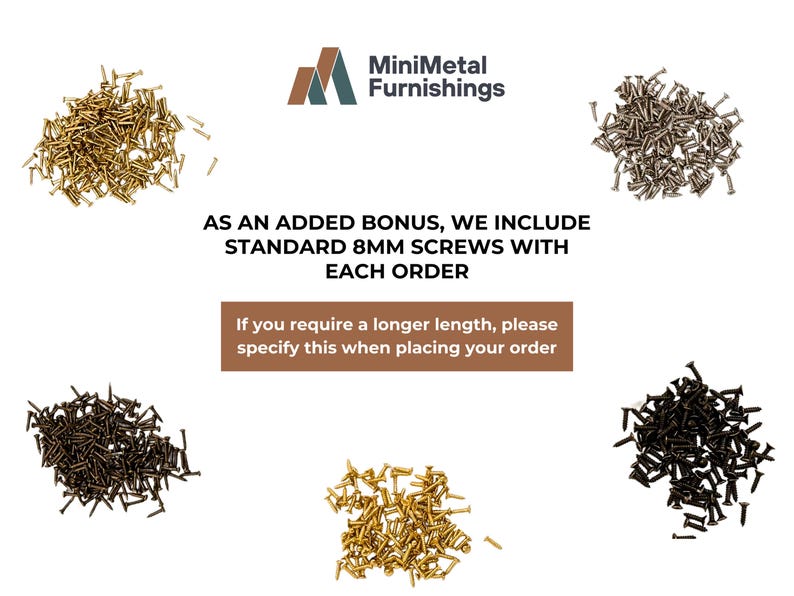 May include: An assortment of screws in various colors, including gold, silver, and black, are displayed against a white background. The text reads "AS AN ADDED BONUS, WE INCLUDE STANDARD 8MM SCREWS WITH EACH ORDER."