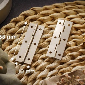 Op de afbeelding: Twee messingkleurige scharnieren, elk met meerdere schroefgaten, worden open en dicht getoond. Het open scharnier meet 5,8 cm lang en 1 cm breed. De scharnieren liggen op een geweven oppervlak.