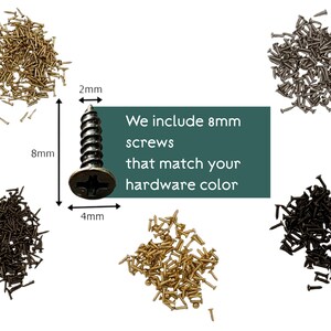 a collection of screws in various sizes, including 8mm, 4mm, and 2mm, along with a screw that matches the hardware color.