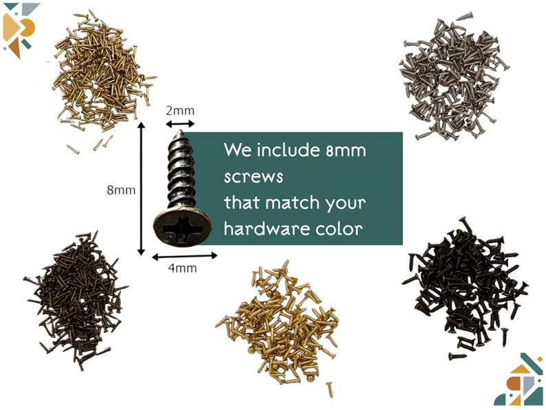 a collection of screws in various sizes, including 8mm, 4mm, and 2mm, along with a screw that matches the hardware color.
