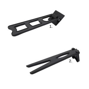 May include: Two black plastic tools, one with a slotted design and the other with a forked end. Both tools have a hinged section at one end. The tools are set against a white background.