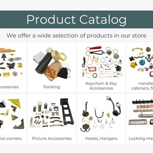 The image is a product catalog page featuring various items such as box accessories, packing, keychain and key accessories, handles for cabinets, furniture, decorative corners, picture accessories, hooks, hangers, and locking mechanisms.