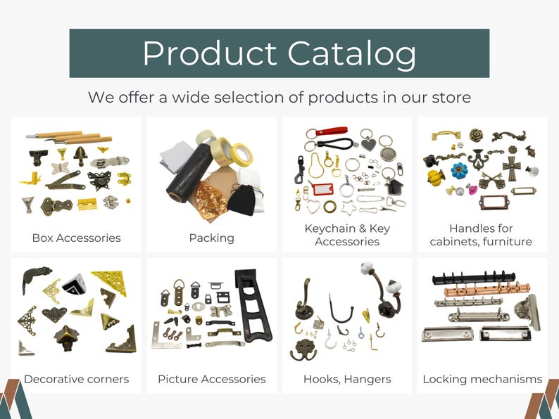 The image is a product catalog page featuring various items such as box accessories, packing, keychain and key accessories, handles for cabinets, furniture, decorative corners, picture accessories, hooks, hangers, and locking mechanisms.