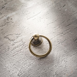 Könnte beinhalten: Antiker Messing-Ringgriff. Der Ringgriff ist auf einer runden Basis montiert. Die Hardware besteht aus Metall und hat ein Vintage-Finish. Der Ring ist kreisförmig und hängt von der Basis herab. Der Hintergrund ist eine strukturierte graue Oberfläche.