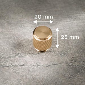 Op de afbeelding: Een goudkleurige kastknop, 20 mm breed en 25 mm hoog, met een getextureerde, ruitvormige grip. De bovenkant is glad en cirkelvormig. De knop staat tegen een grijze, getextureerde achtergrond.