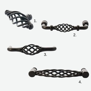 May include: Four black cabinet hardware pieces. The hardware includes a knob and three different handle styles. Each piece features a decorative, twisted cage design. The hardware is made of metal and has a dark finish.