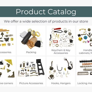 The image is a product catalog page featuring various items such as box accessories, packing, keychain and key accessories, handles for cabinets, furniture, decorative corners, picture accessories, hooks, hangers, and locking mechanisms.