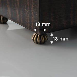 Op de afbeelding: Close-up van een donkerbruine houten kist met decoratieve, antieke poten. De kist is 1,8 cm breed en 1,3 cm hoog. De poten zijn bronskleurig en hebben een geribbeld ontwerp. De houtnerf is zichtbaar.