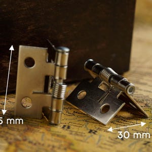 Op de afbeelding: Twee zilverkleurige metalen scharnieren, een meet 25 mm en de andere 30 mm. De scharnieren bevinden zich op een bruine en beige achtergrond.