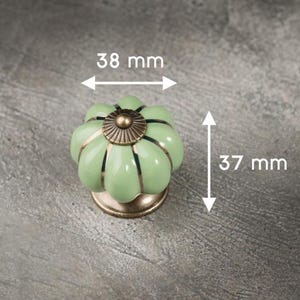May include: A light green ceramic cabinet knob in a pumpkin shape. It has a bronze base and centre detail. The knob is 3.8 cm wide and 3.7 cm tall.