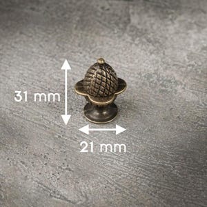 May include: A bronze-colored acorn-shaped cabinet knob. The knob is 1.2 inches tall and 0.8 inches wide. The acorn top has a textured pattern, and the base has a decorative floral design. The knob is designed for furniture and home decor.