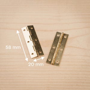 May include: Two brass-colored hinges, each with multiple screw holes, are displayed on a light wood surface. One hinge is open, and the other is closed. The open hinge measures 58 mm long and 20 mm wide.
