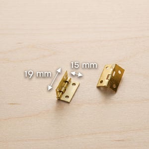 Op de afbeelding: Twee kleine messing scharnieren worden getoond op een licht houten oppervlak. Eén scharnier is open, met de pen en de cilinder, en meet 19 mm lang. Het andere scharnier is gesloten. De breedte is 15 mm.