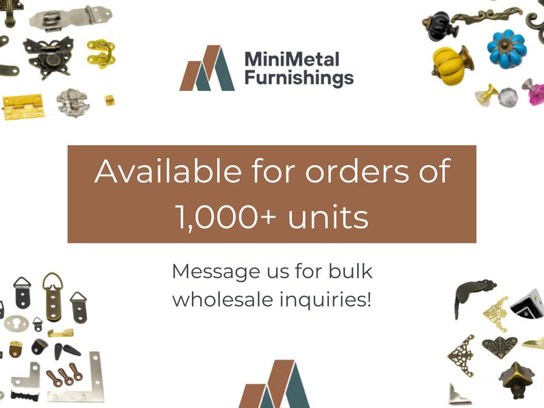 The image is a promotional graphic for a company called MiniMetal Furnishings, which offers bulk wholesale inquiries. The graphic features various items such as tools, hardware, and other objects, along with the company's logo and text.