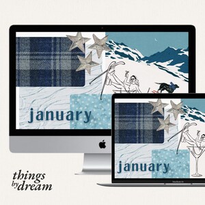 May include: A digital desktop wallpaper featuring a collage of images with a winter theme. The wallpaper includes a blue plaid pattern, silver stars, a woman skiing down a mountain, and the word "january".