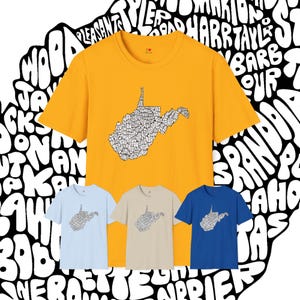 T-shirt de style doux des comtés de Virginie-Occidentale, noms de comté de Virginie-Occidentale en forme de frontières - oeuvres d'art dessinées à la main, fierté de Virginie-Occidentale, t-shirt d'état de montagne
