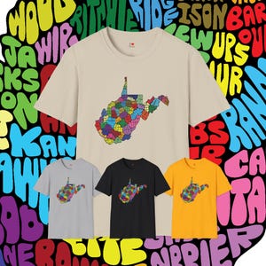 T-shirt de style doux des comtés de Virginie-Occidentale, noms de comté de Virginie-Occidentale en forme de frontières - oeuvres d'art dessinées à la main, fierté de Virginie-Occidentale, t-shirt d'état de montagne