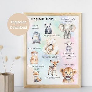 Cartel de afirmación para niños | Animales bebes | Descarga digital | PDF | DIN A4 y DIN A3 | Regalo de cumpleaños | decoracion habitacion infantil